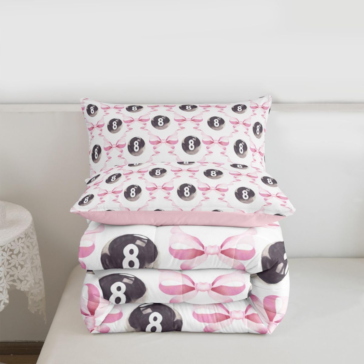 Castle Fairy Billiard Ball Kids Full Comforter Sets,Splicing Bow Tie Reversible Bedding Set for Boys Teens Children,Woman Girls Bowknot Quilt Set 3 PCS,Billiard Lover Duvet Insert,2 Pillow Cases