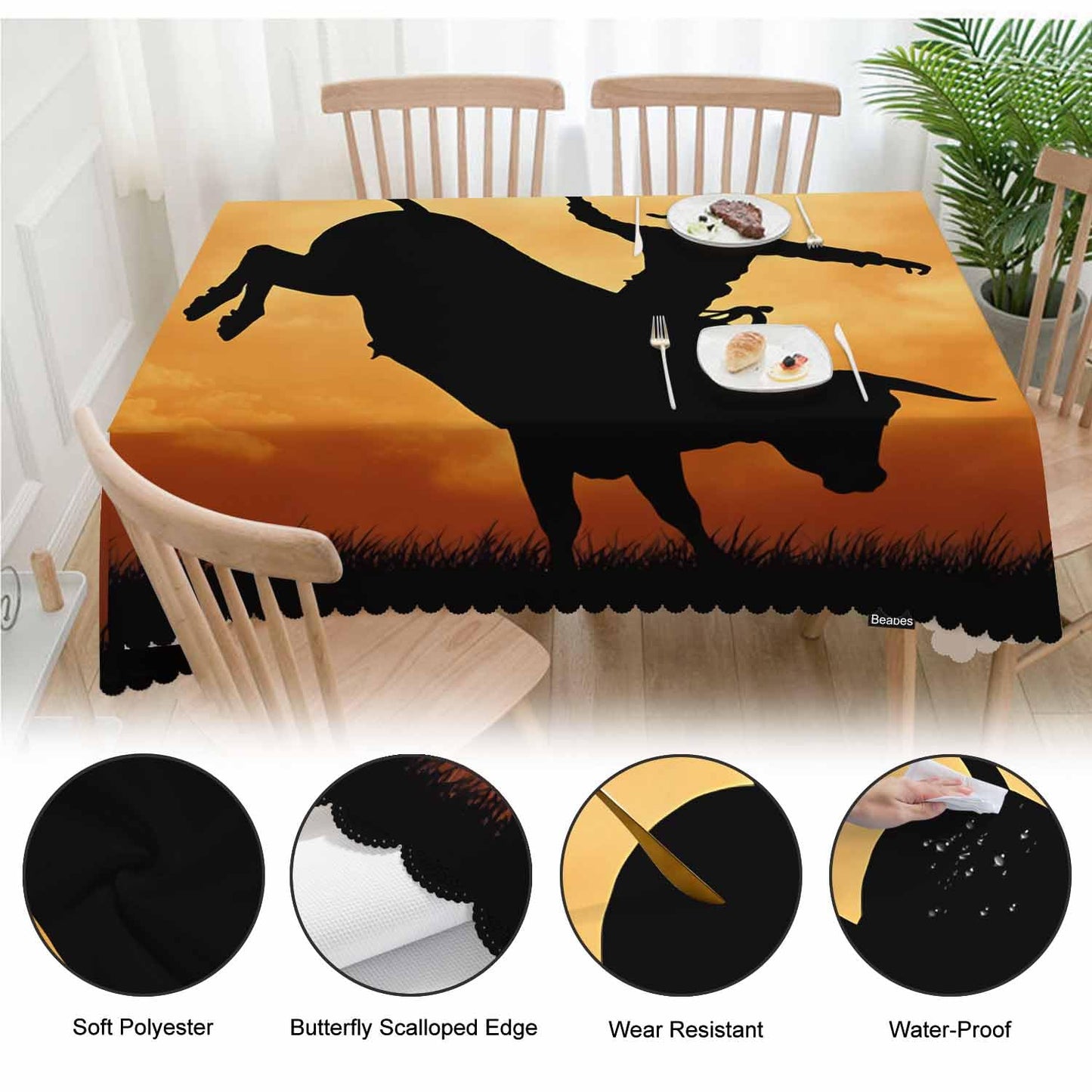 Beabes Bull Rider Table Cloth Rectangle Table 52"X70", Western Cowboy Bucking Bull Sunset Wipeable Table Cover for Dinner Kitchen, Outdoor Tablecloth for Party Banquets Weddings