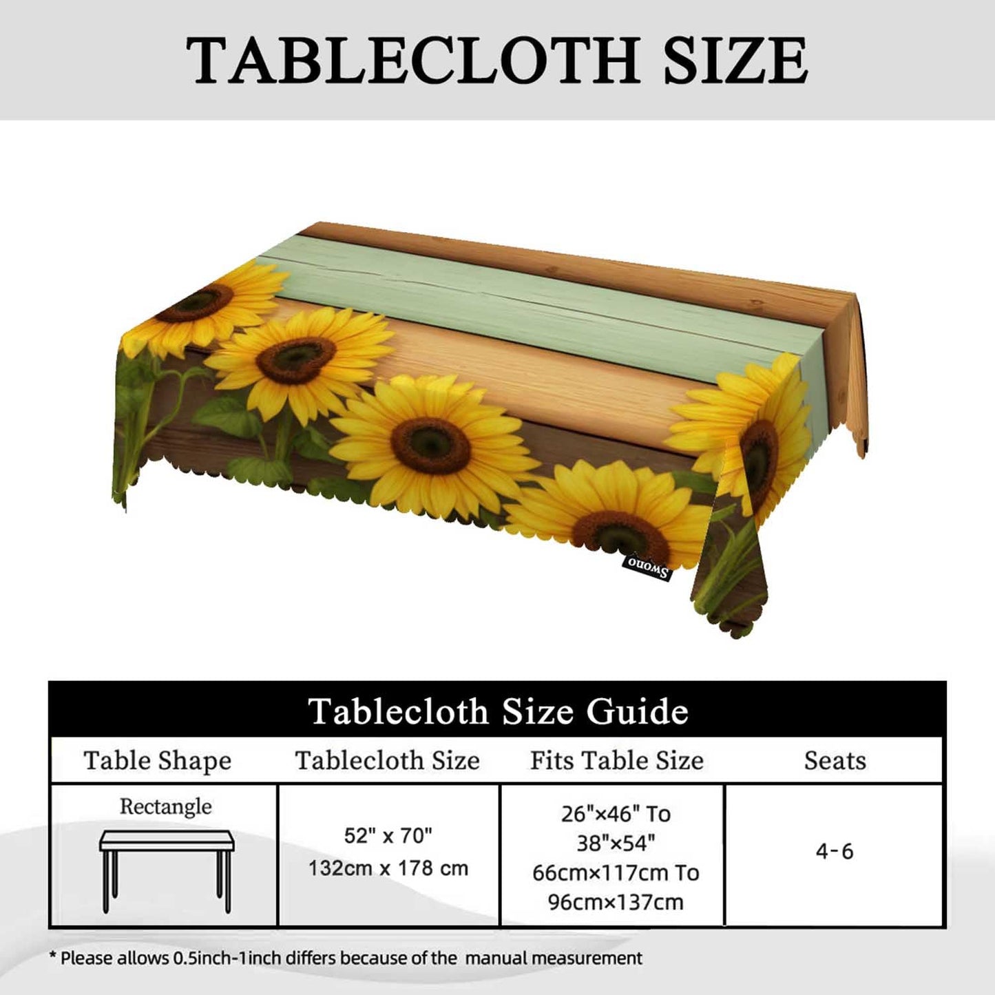Swono Rectangle Tablecloth Sunflower Table Cover 52x70 Inch Retro Sunflowers On Wooden Board Table Cloth for Rectangle Tables Decorative Tablecloth for Dining Party Camping BBQ