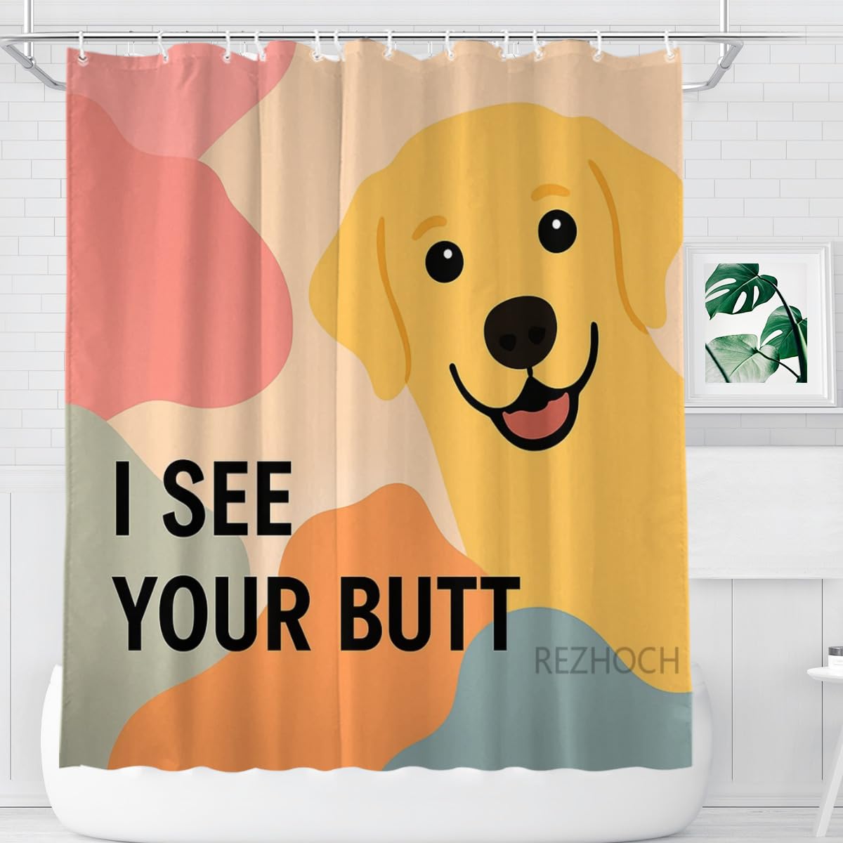 REZHOCH Golden Retriever Shower Curtain Durable Waterproof Fabric Bathtub Sets Funny Cute Animal Home Bathroom Decor Decoration All Season I See Your Butt 72x72inch with Hooks