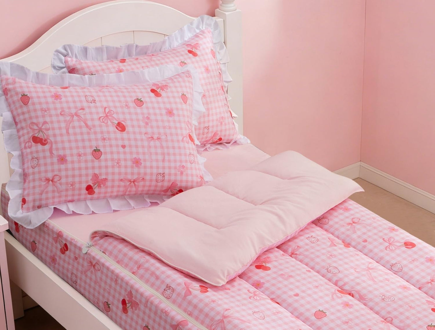 Meeting Story 3pcs Plaid Checkered Kids Comforter Sets Zipper Bedding Set for Girls,Twin Cherry Kid Bedding Set Strawberry Comforter Bedding for Kid, Bed in a Bag（DarkPink,Twin）