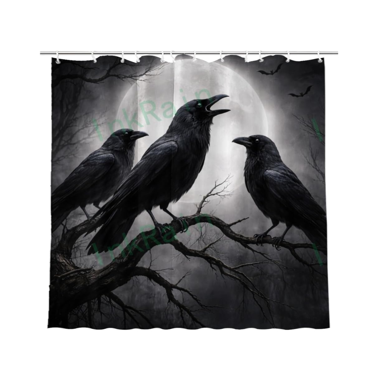 InkRain Gothic Raven Shower Curtain with 12 Hooks Full Moon Crow Halloween Bathroom Decor Dark Fantasy Waterproof Polyester Fabric Bath Curtain 70x84 Inch