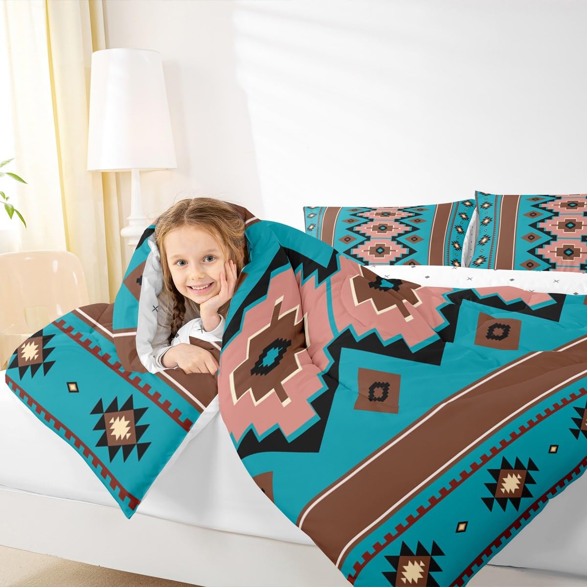Feelyou Boho Aztec Kids Comforter Set Twin Size West Bedding Set Teel Brown Duvet Quilt for Kids Boys Girls Bedroom Western Decor Microfiber Ultra Soft Breathable