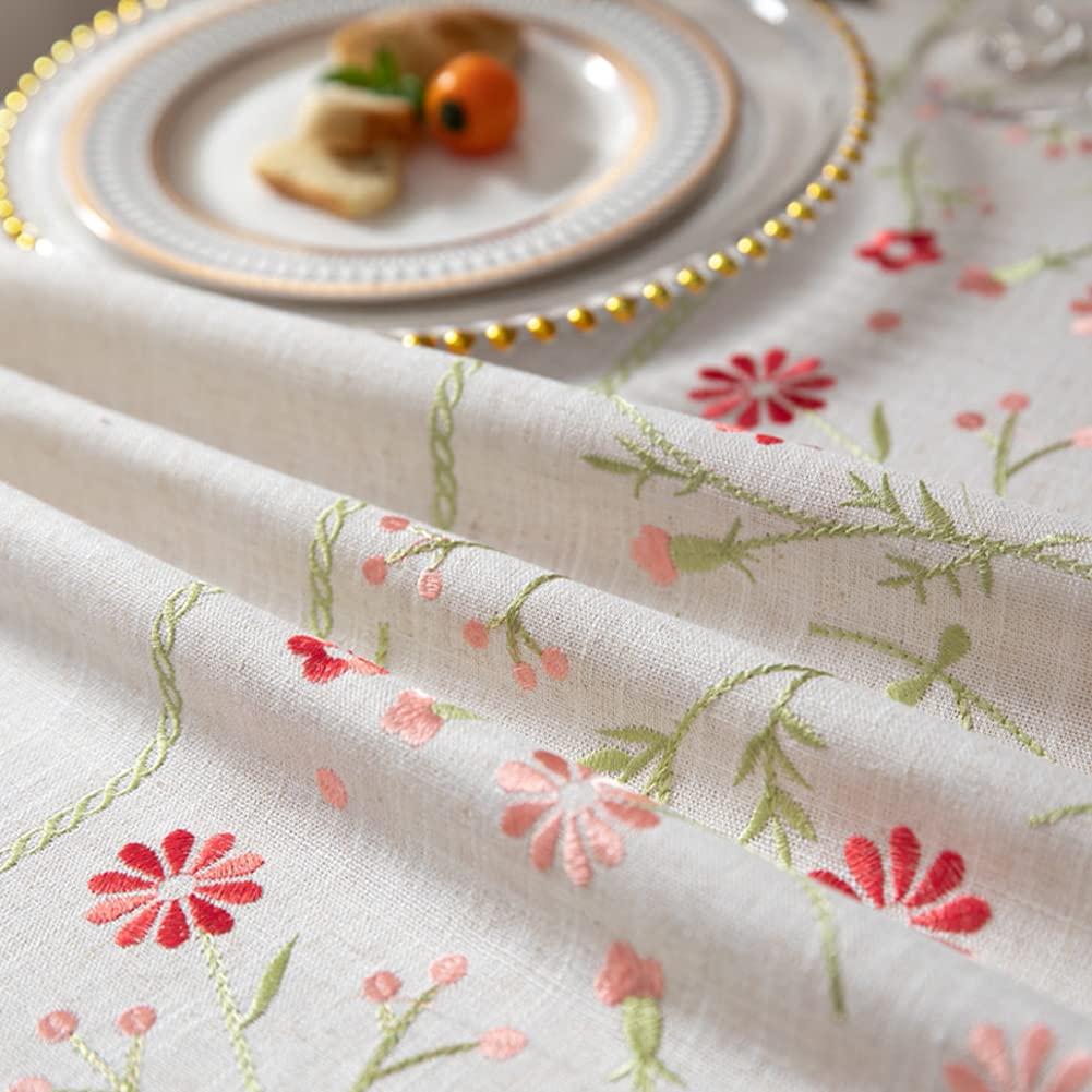 AMZALI Table Cloth Embroidery Floral Pattern Wrinkle Free Heavy Weight Cotton Linen Farmhouse Tablecloth Decorative Fabric Tassel Table Cover for Outdoor and Indoor Use (Square 55 x 55 Inch)