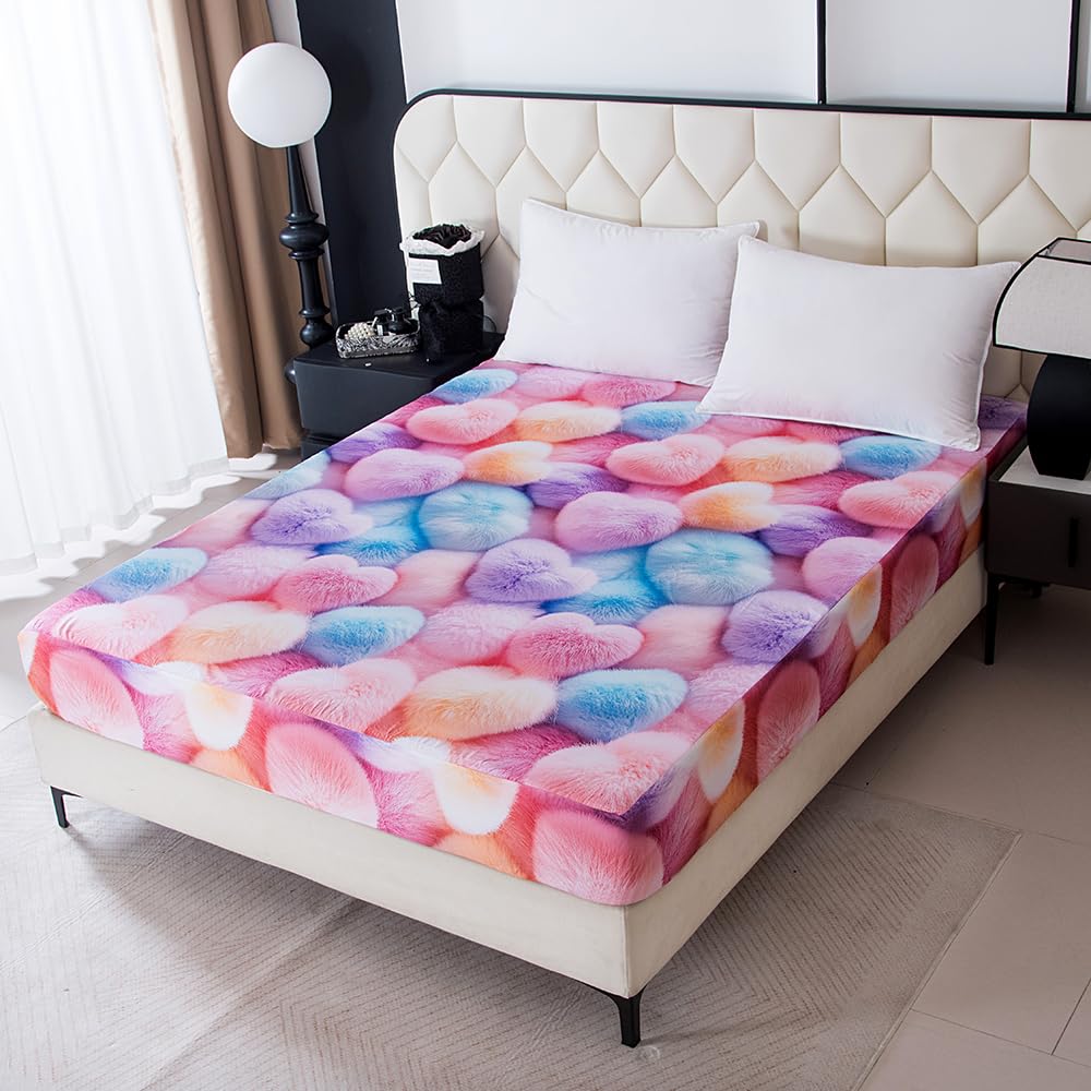 NATURETY Bedding Fitted Sheet with Deep Pocket,3D Pattern Sweet Heart Printed Fabric Bed Sheets (Pink Heart, Twin)