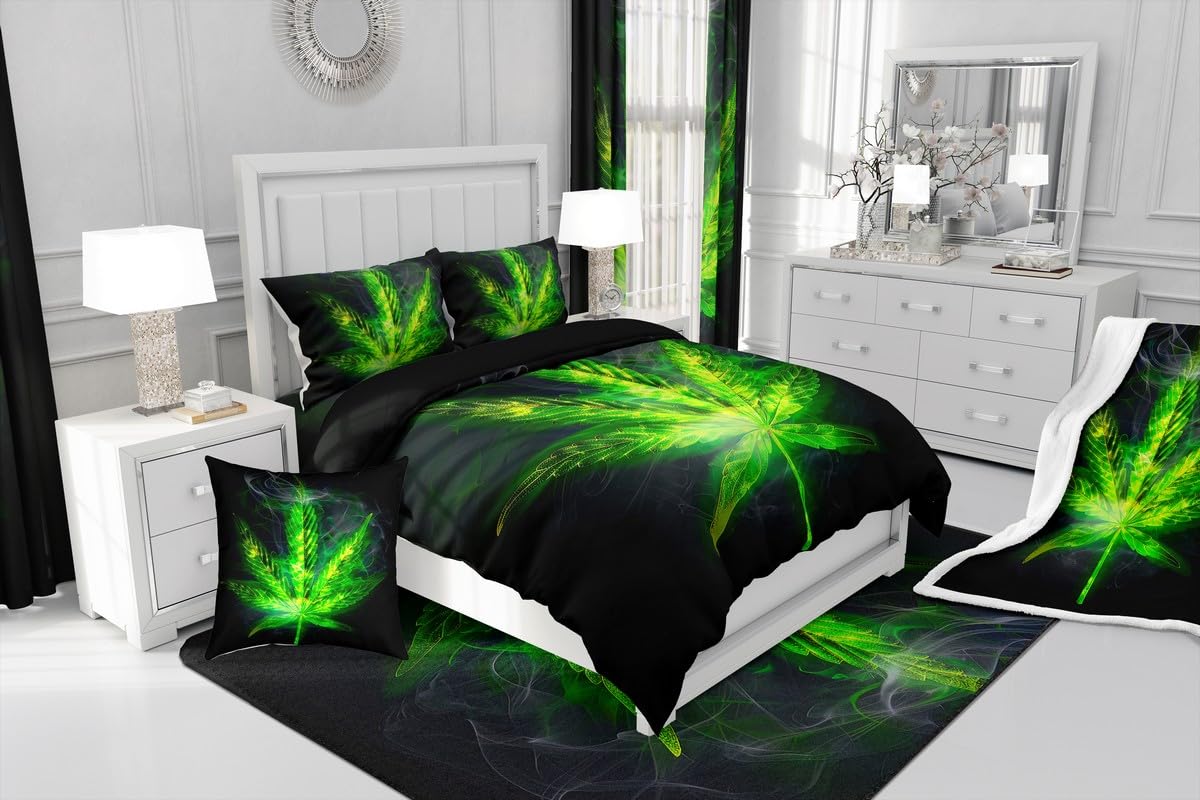 Erosebridal Bohemia Leaves Duvet Cover, Boho Plant Leaf Comforter Cover Queen Size for Kids Teens Adult, Bohemia Vibrant Green Bedding Set Bedroom Decor with 2 Pillow Cases, Green Black