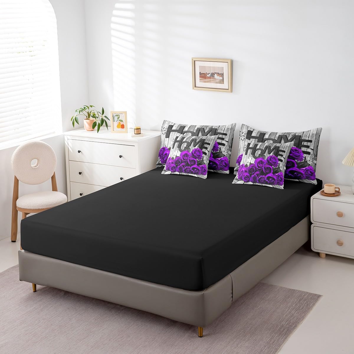 Feelyou Purple Rose 7 Piece Bedding Set for Adult Couple Full Size Romantic Style Comforter Set with Sheets Boys Girls Flower Floral Bed in a Bag Wooden Bed Set