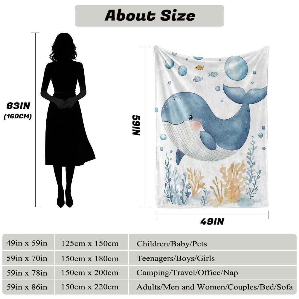 HUNXIAOJ Whale Blanket Sea Animal Blankets for Kids Cute Animal Blanket Whale Bedding Warm Soft Flannel for Bed Sofa Couch (49in x 59in)