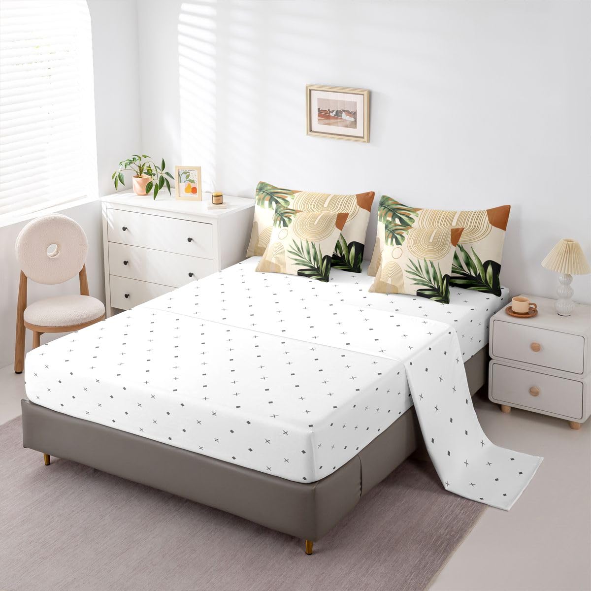 Erosebridal Boho Sage Green Full 7 Pcs Bedding Set, Abstract Bohemian Mid Century Comforter Set with Sheets, Modern Golden Geometric Minimalist Bed in A Bag, Plant Botanical Palm Leaf Bed Sets