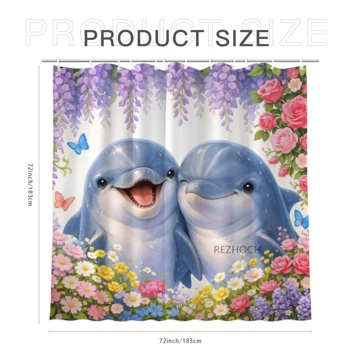 REZHOCH Fun Dolphin Shower Curtain 72x72Inch,Floral Home Bathroom Decor Spring Summer Garden Flowers Wisteria Rose Butterfly,Cute Animal Waterproof Fabric Bath Set with Hooks