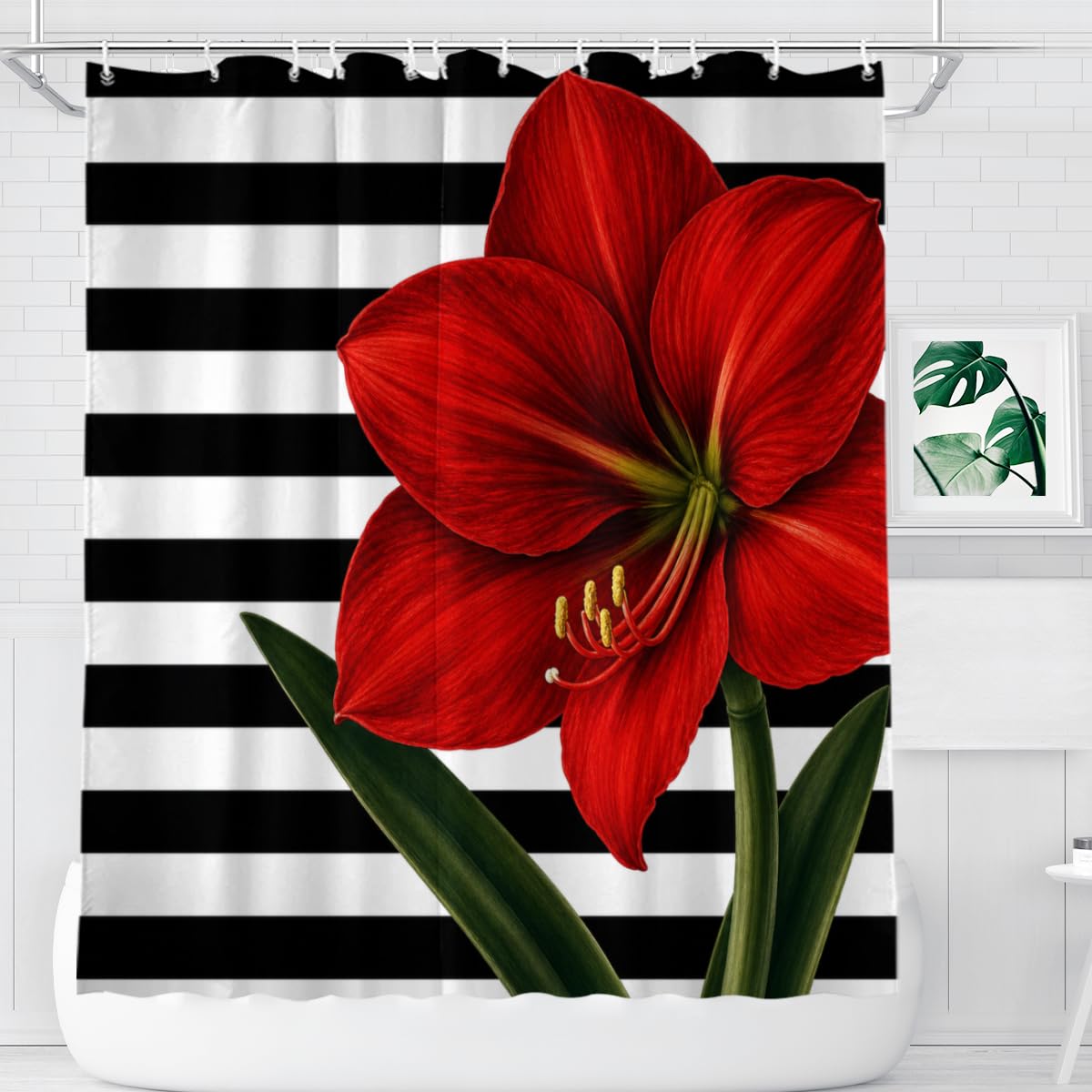 TopPacific Red Amaryllis Stripe Shower Curtain 72x72 Inch Shower Curtain with 12 Hooks Polyester Red Amaryllis Flower Green Leaves Black White Stripes Bathroom Decor