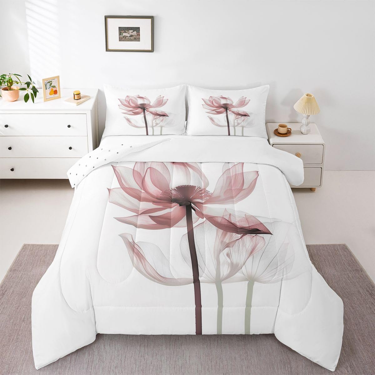 jejeloiu Abstract Floral Comforter Set All Season Modern Art Bedding Set with 1 Pillow Cases Pink Flower Microfiber Kids Toddler Bedclothes Bedroom Decor Duvet Quilt Breathable Soft Lightweight