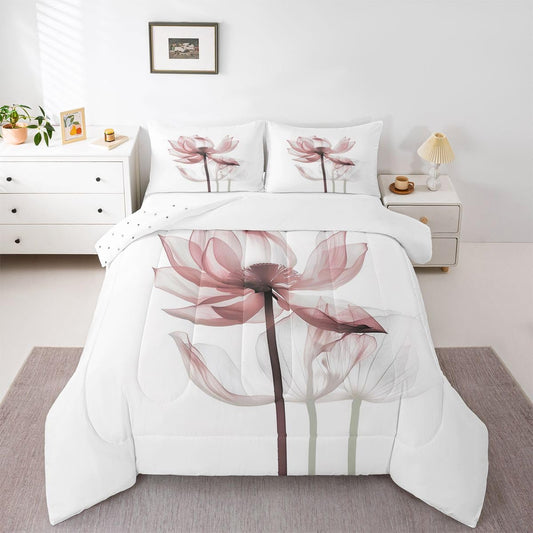 jejeloiu Abstract Floral Comforter Set All Season Modern Art Bedding Set with 1 Pillow Cases Pink Flower Microfiber Kids Toddler Bedclothes Bedroom Decor Duvet Quilt Breathable Soft Lightweight