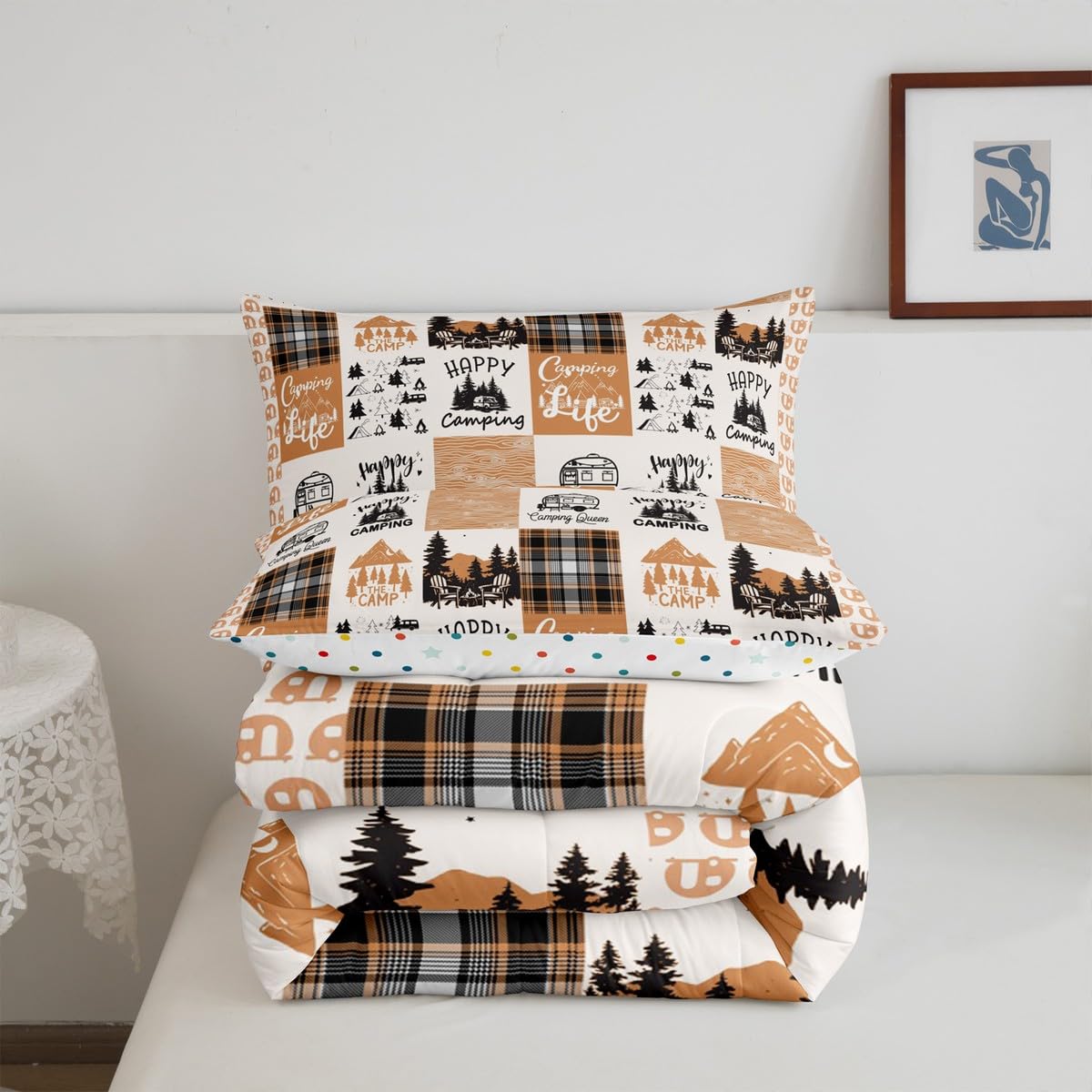 Erosebridal Happy Camping Bedding Set for Kids Kawaii Camper Comforter Set, Camping Adventure Duvet Insert Orange White Patchwork Quilt Comforter, Cartoon RV Car Bedding Comforters & Sets Breathable