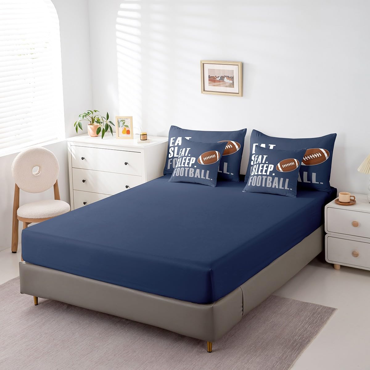 Feelyou Boys Football Comforter Set 7 Pieces Twin Size American Sports Bedding Set for Kids Adults Navy Blue Rugby Bed in a Bag Ball Games Room Decor Football Player Gift