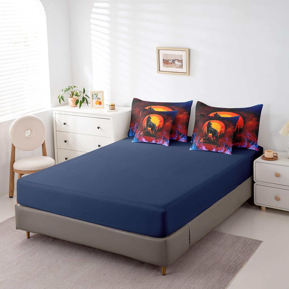 Feelyou Boys Girls Wolf Bed in A Bag Twin Size, Wolves Howling Comforter Set with Sheets Kids Western Wild Animal 7 Pieces Bedding Set Mountain Moon Teens Bed Set Bedroom Decor 7Pcs