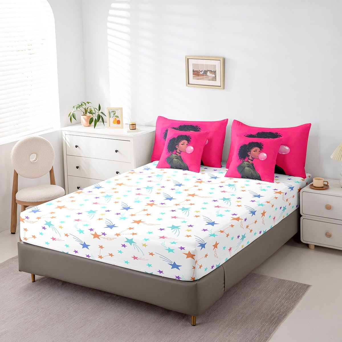 jejeloiu Kids Cool Black Girl Comforter Set 7 Pieces Full Size African American Girl Bedding Set for Boys Girls Pink Bed in a Bag with Comforter, Sheets, Pillowcases & Cushion Covers（No Glitter）