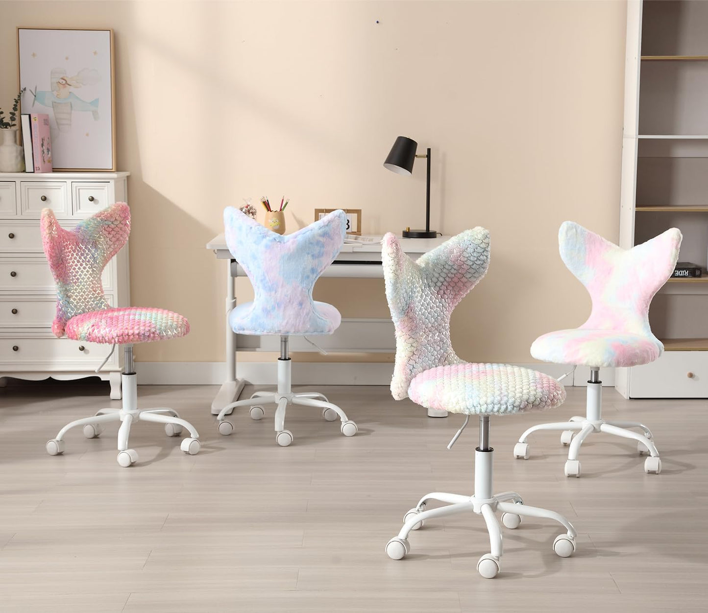 Hyfirm Swivel Mermaid Kids Desk Chair for Girls, Blue Soft Fuzzy,Adjustable