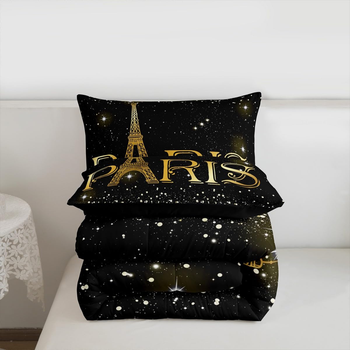 Erosebridal 2 Pcs Eiffel Tower Comforter Set,City Building of Paris Quilted Comforter Twin Size,Gold Yellow Ombre Glitter Bedding Set with 1 Pillow Case