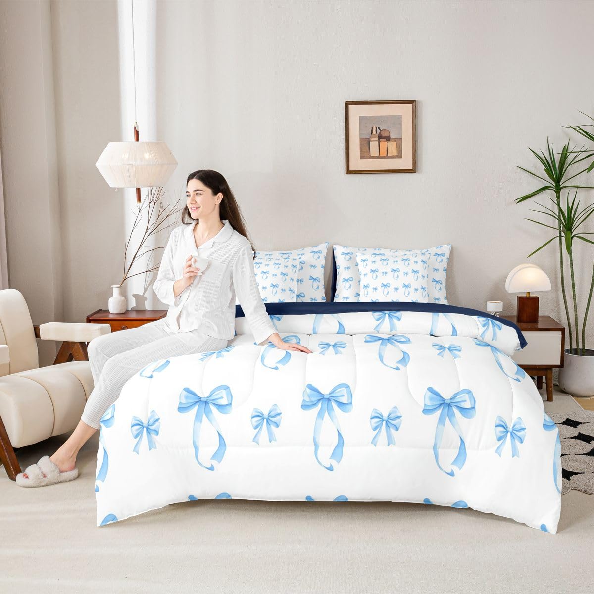 Erosebridal Cute Ribbon Bowknot Full Size Comforter Set,Bows 7-Piece Bed in A Bag,Blue Princess Sheets and Pillowcases,Modern Simple Bow Knot Bedding Set Room Decor
