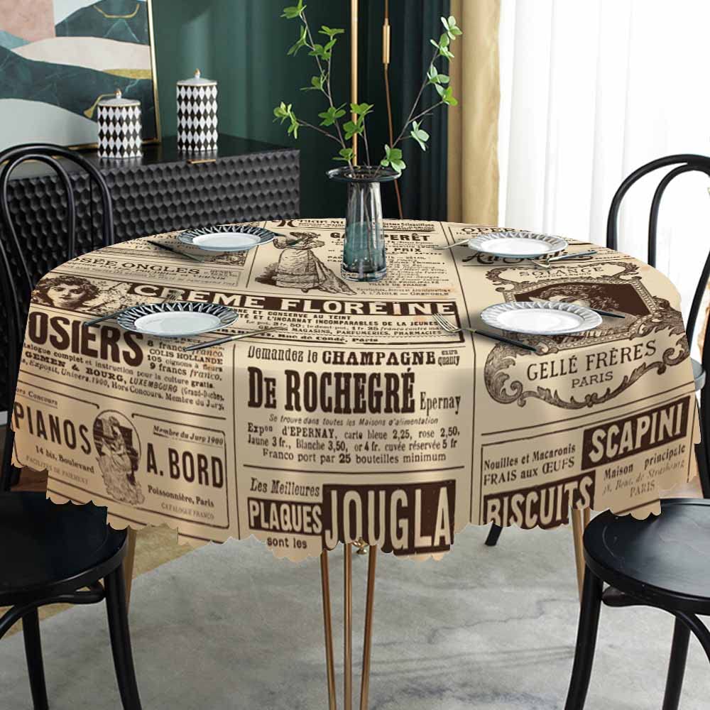 AOYEGO Brown Newspaper Tablecloth Round France Paris Table Cloth Vintage News Women Pattern Advertisement Tablecloths 60 Inch for Dining Room, Party, Banquet