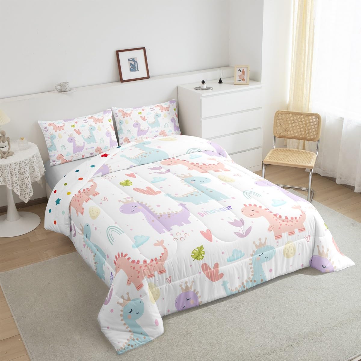 Castle Fairy Kawaii Dino King Comforter Toddler,Watercolor Cartoon Dino Rainbow Quilt Comforter with 1 Pillowcase,Cute Flowers Dreamy Clouds Bedding Set Comfortable,Soft and Breathable