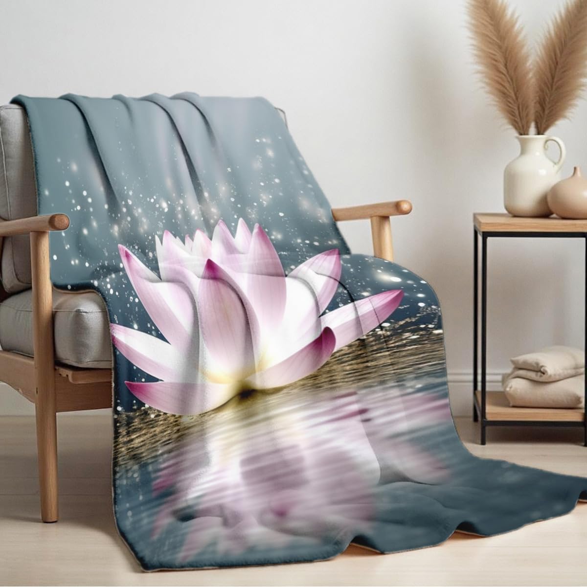 HUNXIAOJ Lotus Flower on Water Print Blanket White Floral Throw Blanket Zen Flannel Throw for Couch Bed Office Yoga Room Meditation Spa Decor Gifts (49"x59")