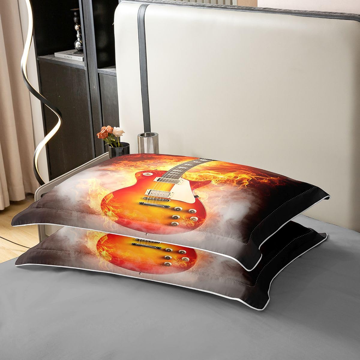 100% Cotton Guitar Comforter Cover Twin Size Rock Music Duvet Cover Electric Guitar Bedding Set Flame Pattern Quilt Cover for Kids Boys Girls Teens Young Man, Brown Bedroom Living Room Decor
