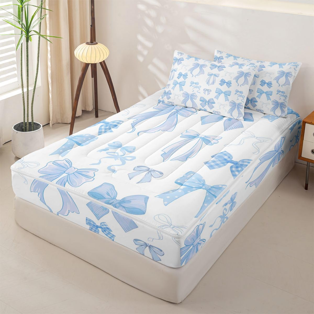 Erosebridal Ribbon Bow Zippered Bedding Set Full Blue Bowknot Comforter Set Coquette Kawaii Checkered Striped Bowtie Bed in a Bag Polka Dots Princess Blue Zipper Quilt Fitted Sheet,2 Pillowcases
