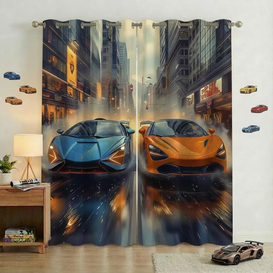 terxgrl Race Car Blackout Curtains for Boys Room, Racing Sports Car Window Drapes for Kids Bedroom, Blue Orange Supercar Darkening Curtains for Teen Gamer Room, 42 x 45 Inch
