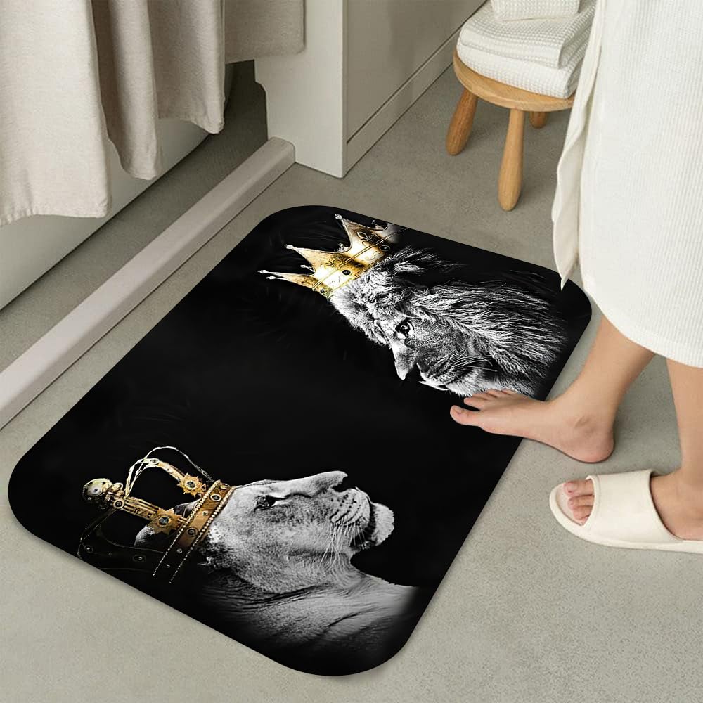 RinRinfam 4Pcs Wild Lion Shower Curtain Set, Crown African Leo Tiger Couple Curtain with Non-Slip Rug,Toilet Lid Cover,U Shape Mat,Waterproof Shower Curtain with 12 Hooks Bathroom Decor Sets,Black