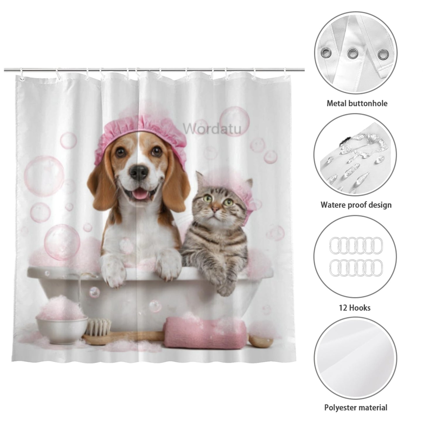 Wordatu Funny Beagle Shower Curtain Decor Fabric Bathroom Curtains, Kids Children Cartoon Waterproof 72x72 inch with 12 Hooks
