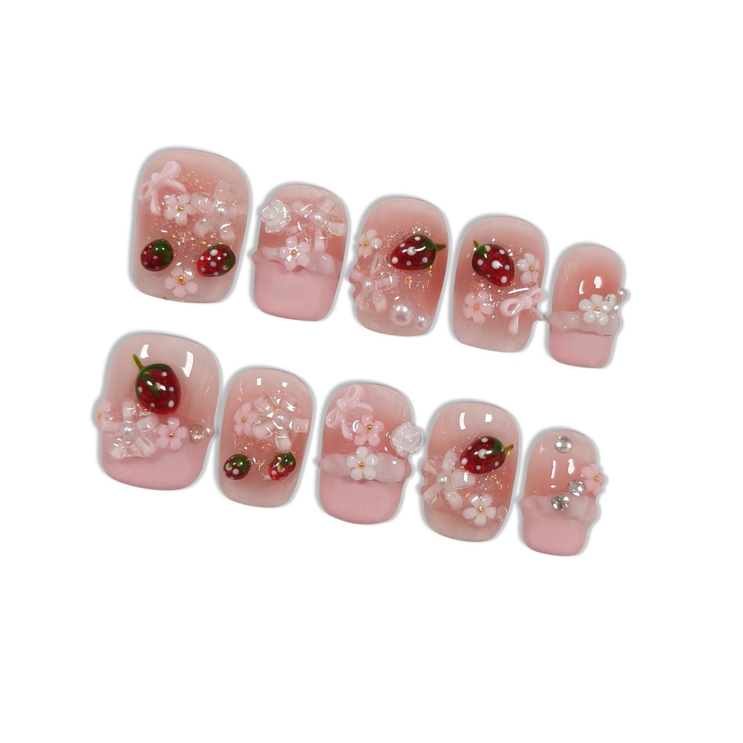 Hantyer 10pcs Pink French Tip Press on Nails with Pink Jelly Strawberry & Pearl Charms, Short Coffin Glossy Iced Sweet Fake Nails, Reusable Kawaii False Nails for Women Birthday Party (Size M)