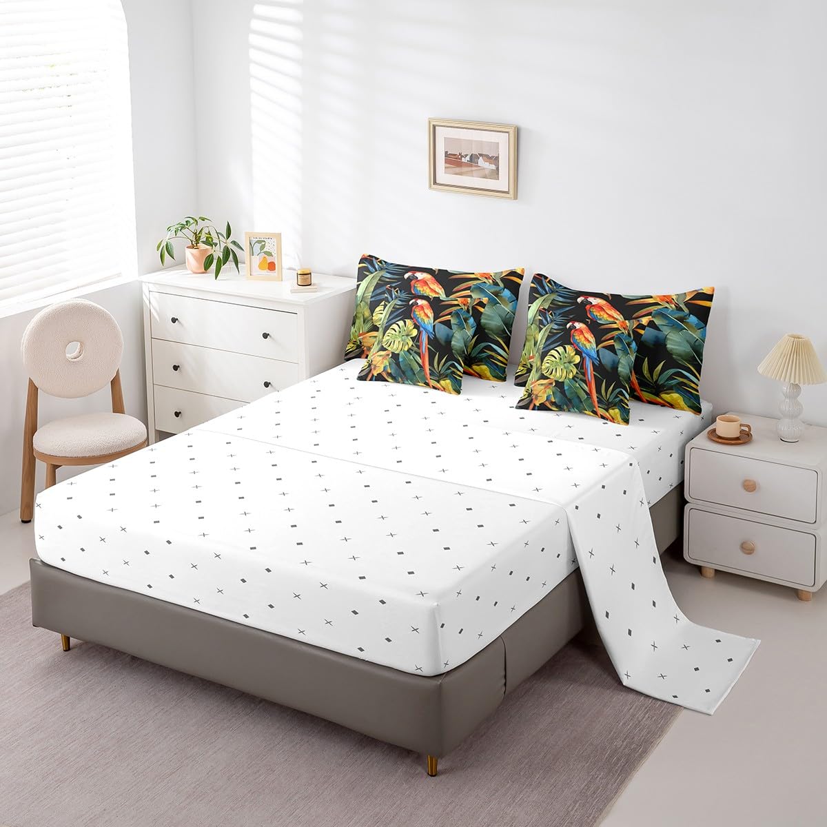 jejeloiu Parrot Comforter Set 7 Pieces Full Size Kids Tropical Leaves Bed in a Bag for Boys Girls Botanical Bedding Set Nature Summer,Comforter + Sheets + Pillowcases + Cushion Covers