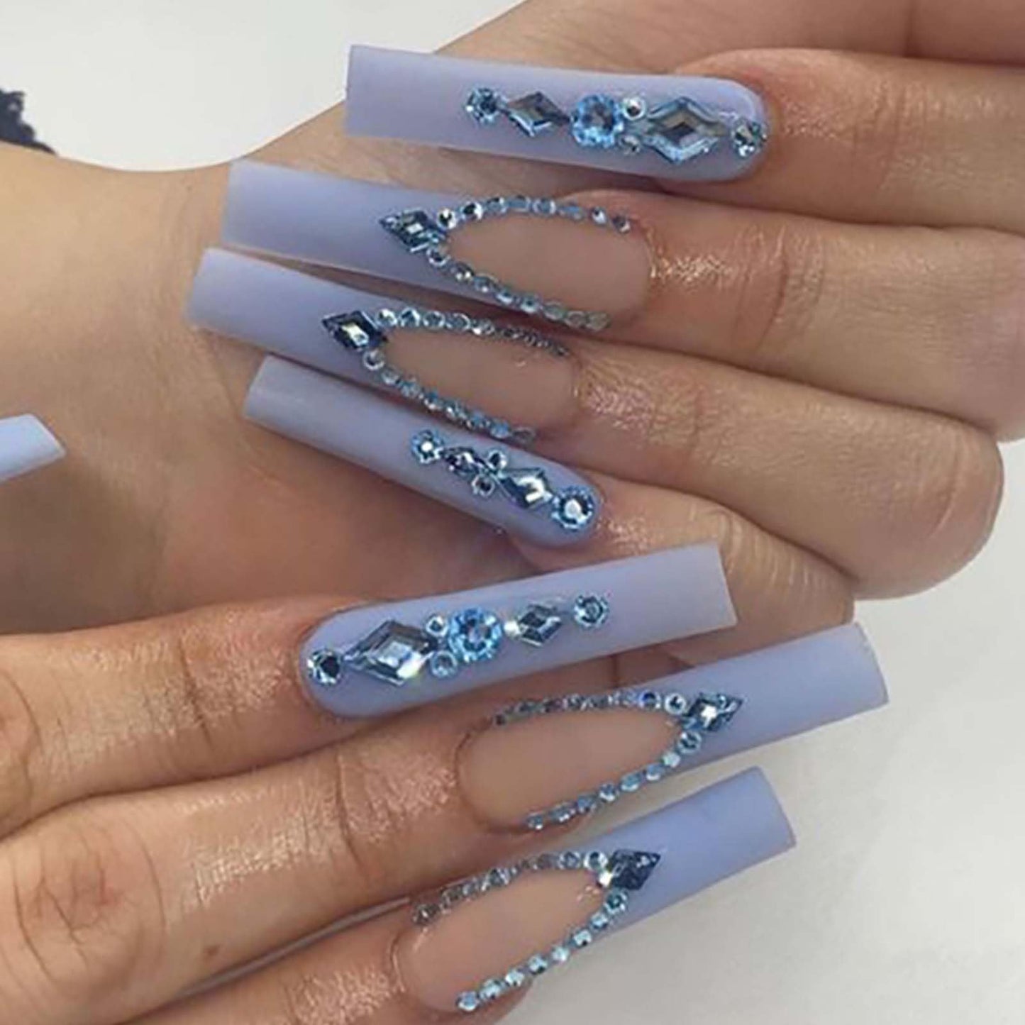 YoYoee Luxury Long Square False Nails Crystal Gem Design Tips Nails Purple French Press on Nails Acrylic Full Cover Fake Nails for Women and Girls 24PCS
