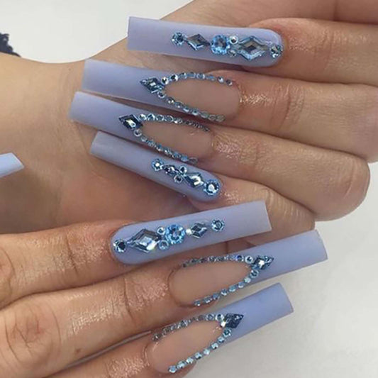 YoYoee Luxury Long Square False Nails Crystal Gem Design Tips Nails Purple French Press on Nails Acrylic Full Cover Fake Nails for Women and Girls 24PCS