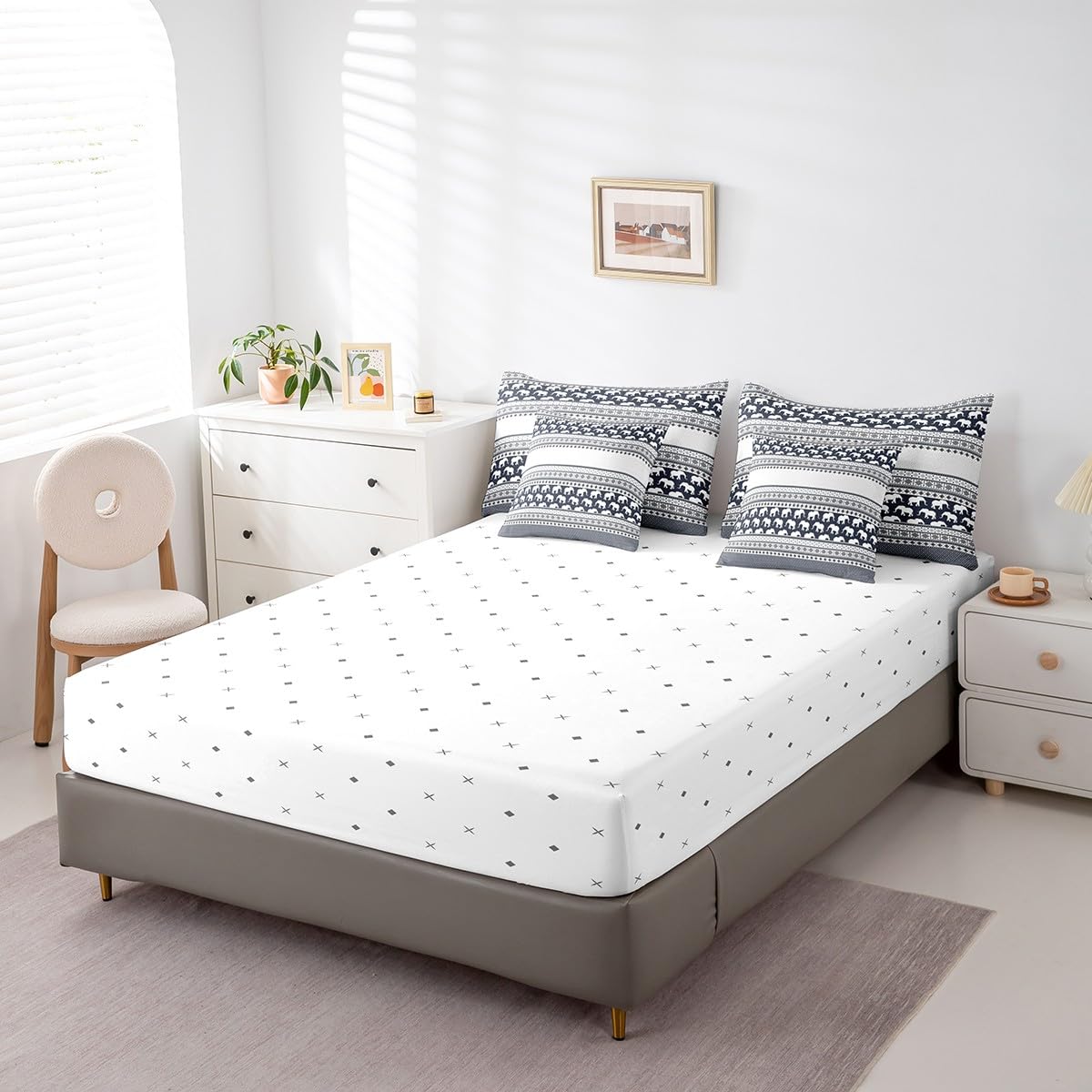 Feelyou Bohemian Elephant 7 Piece Bedding Set Full Size for Kids Boys Girls Teens Toddler Boho Exotic Style Comforter Set with Sheets Navy Blue Stripe Bed in a Bag Ethnic Elephant Print Bed Set