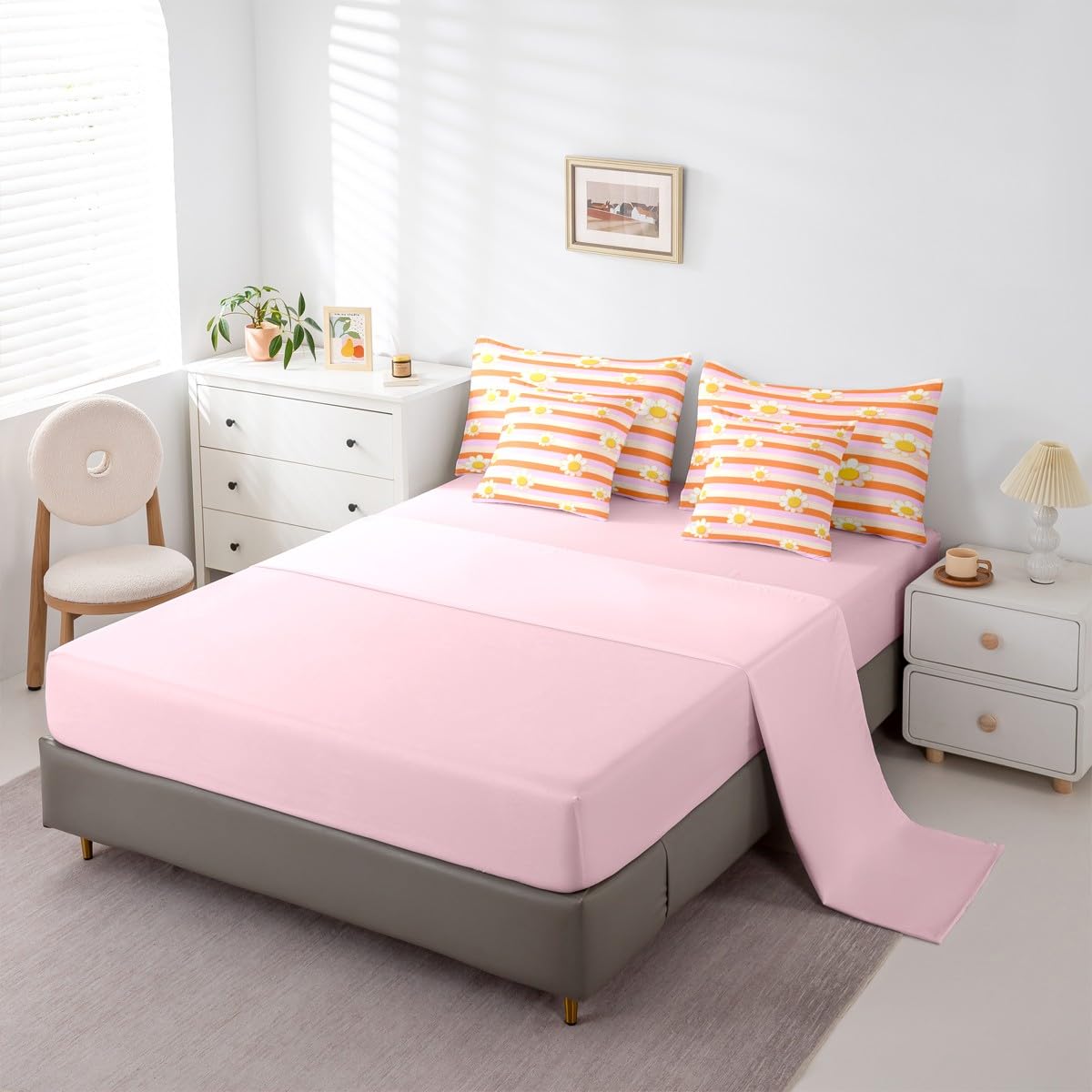 Erosebridal Cute Daisy 7-Piece Bedding Set For Kids Girls Pink Orange Comforter Set With Sheets Twin Size Cartoon Flower Bed In A Bag For Teen Girls Young Women Groovy Trendy Geometric Stripe Bed Sets