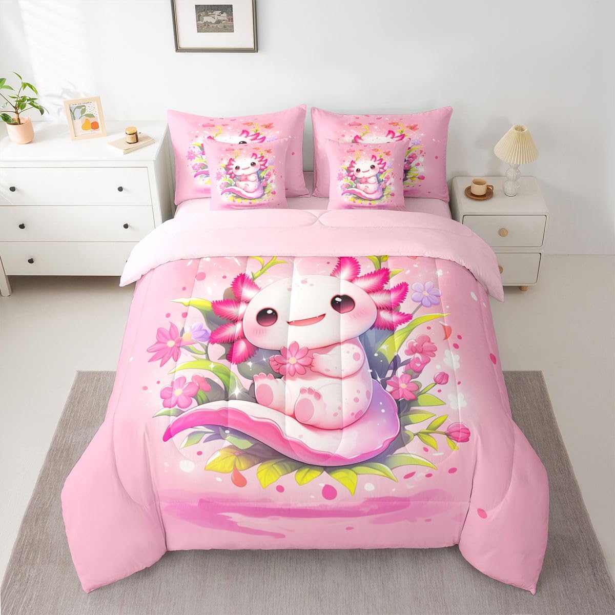 Girls Cute Axolotl Queen Bedding Set Kids Pink Floral Axolotl Comforter Set with Flat and Fitted Sheet Teens Girly Spring Petals Blossom 7-Piece Bed in a Bag Princess Dreamy Cartoon Animal Quilt Sets