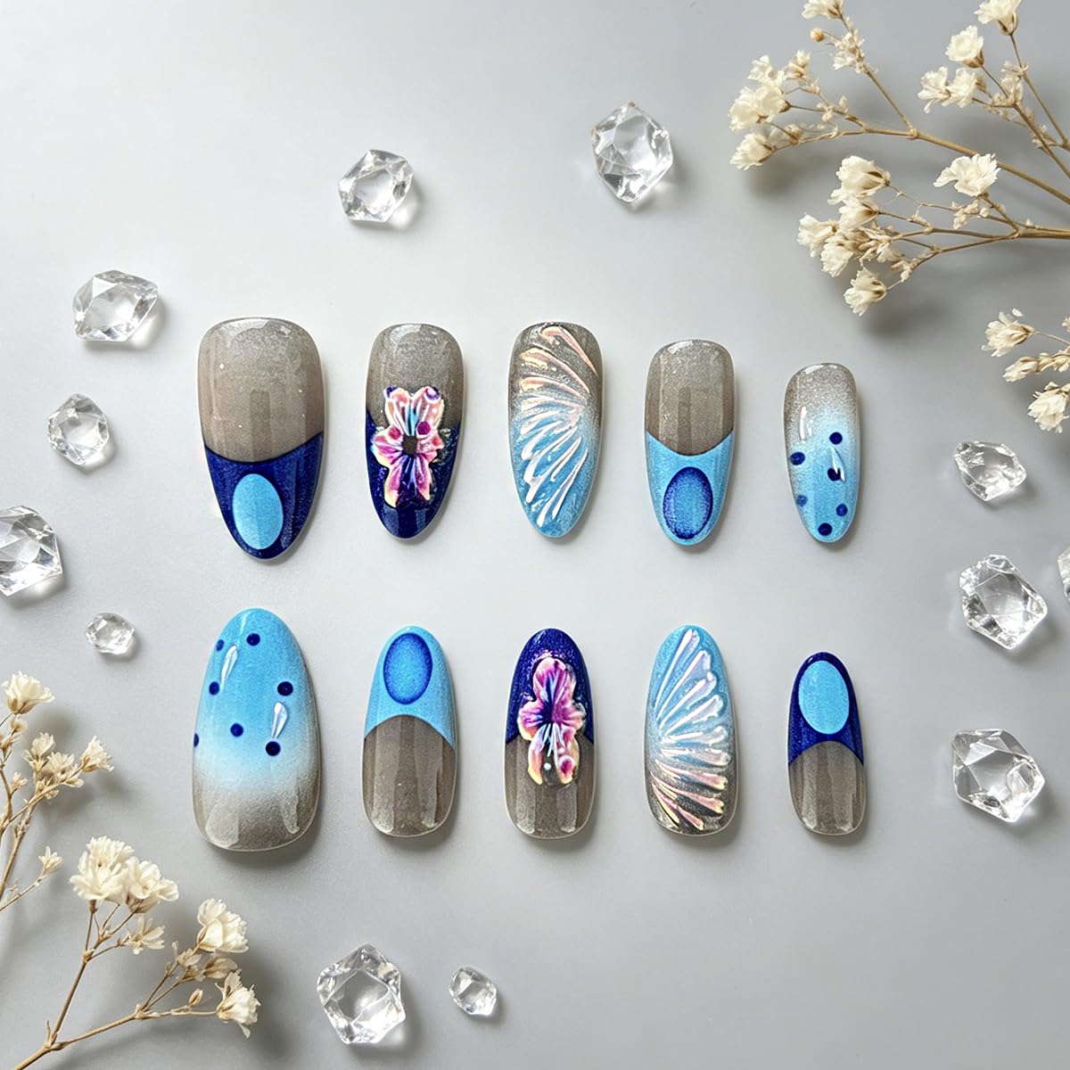 3D Press On Nails Almond Medium Light Blue French Fake Nails with Embossed Fan-Shaped&Plating Flower Designs, Acrylic Artificial Nail Press ons False Stick On Nails for Women Girls 30Pcs