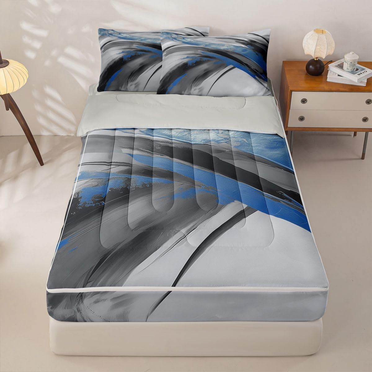 jejeloiu Blue Black Grey Abstract Zipper Bedding Twin Modern Art Bedding Sets for Kids Boys Girls Abstract Art Comforter Set with Fitted Sheet 2 Pillowcases Luxury One Zipper Bed Set for All Seasons