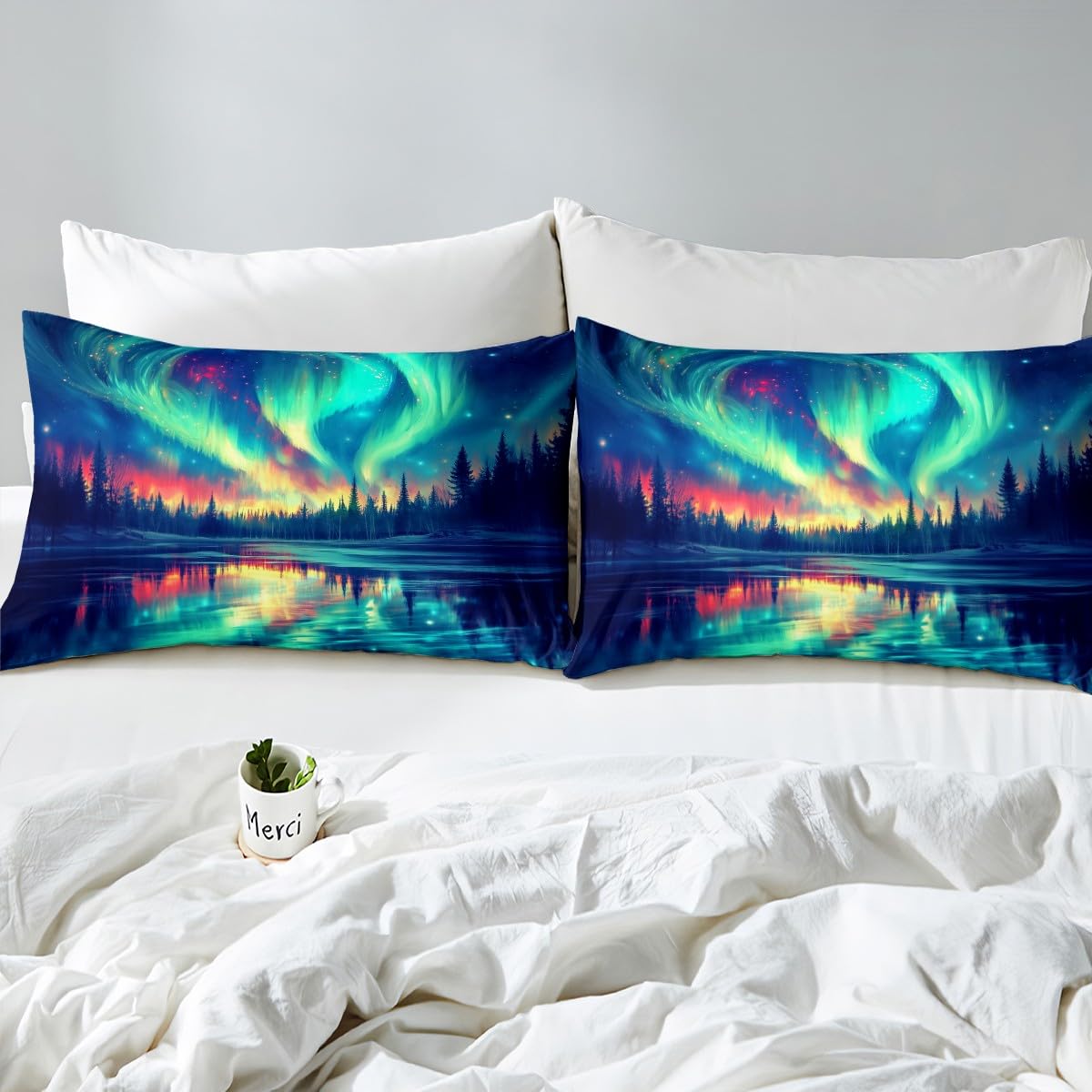 Natural Aurora Bed Sheets Set Dreamy Galaxy Arctic Aurora Flat Fitted Sheet Full Gradient Starry Sky Bed Set For Kids Adult Women Green Blue Tranquil Night Sky Bedding Sets With 2 Pillow Cases
