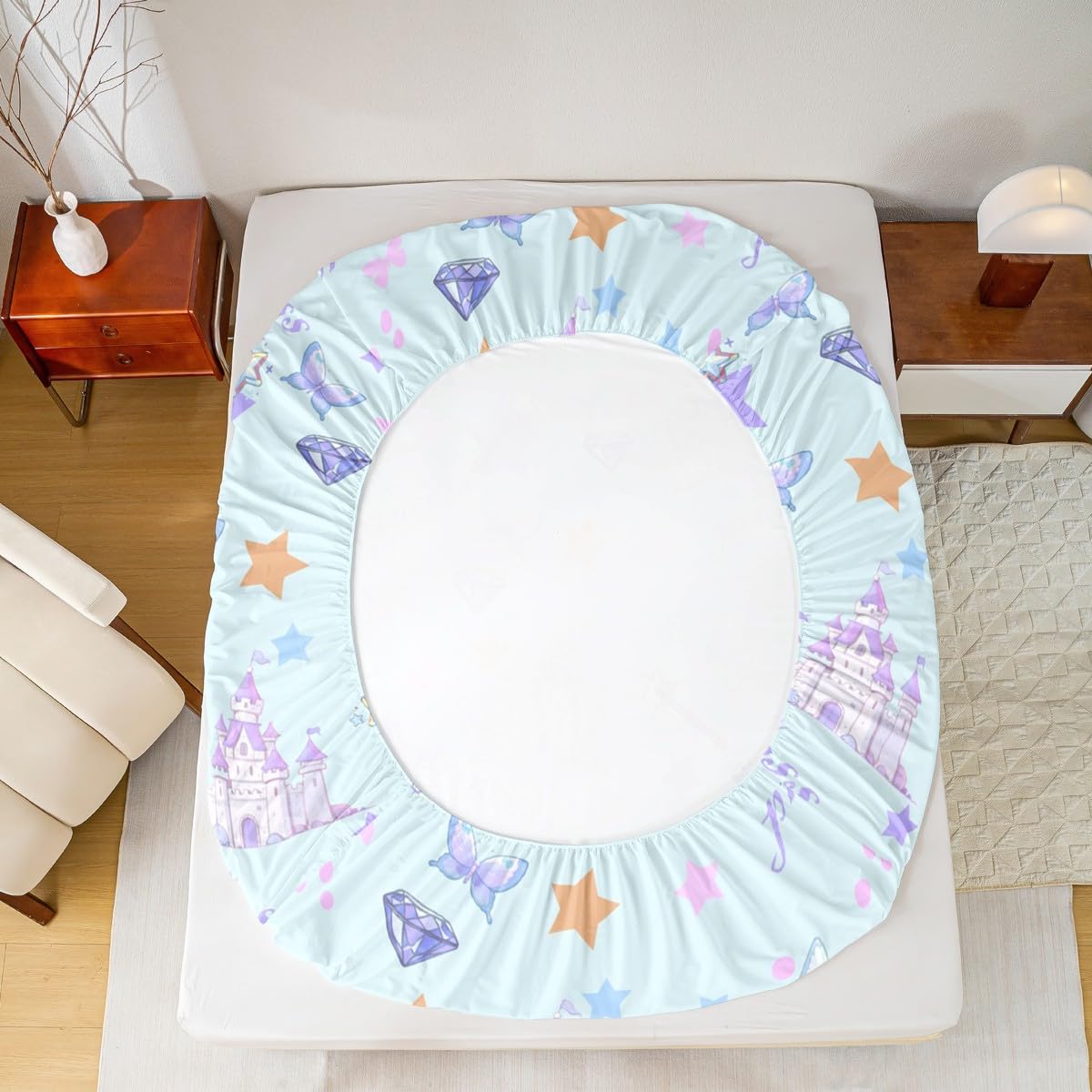 Feelyou Cartoon Castle Fitted Sheet Twin Size for Kids Boys Girls Blue Princess Bed Sheets Set 16" Deep Pocket Soft Breathable Microfiber Cute Butterfly Bedding with 1 Pillowcase Magic Room Decor