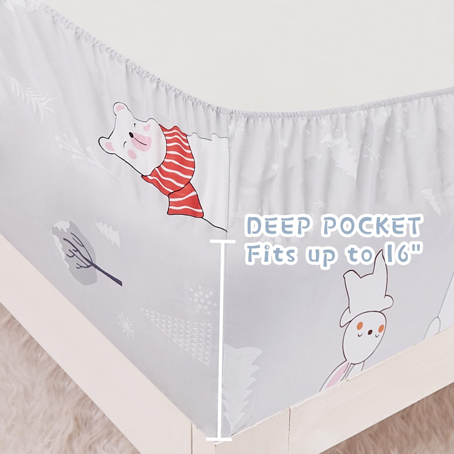 Yibeizi Kids Bear Snowmen Reindeer Bunny Printed Sheet Set Twin Size for Boys Girls, Cute Christmas Winter Microfiber Bedsheets Deep Pocket Bed Sheet & Pillowcase Sets 3 Pieces