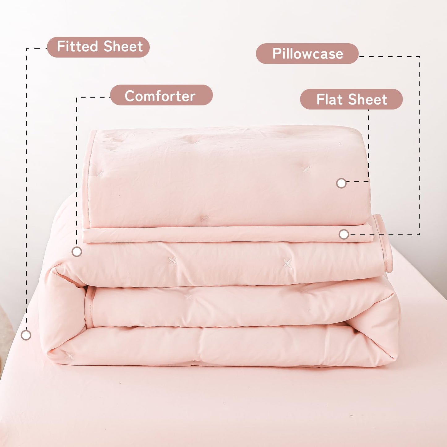 DreLunis Pink Toddler Bedding Sets for Girls, 4 Pieces Bed-in-a-Bag for Toddler Girl, Soft Microfiber Lightweight Breathable Toddler Bed Comforter with Flat Sheet, Fitted Sheet, Envelope Pillowcase