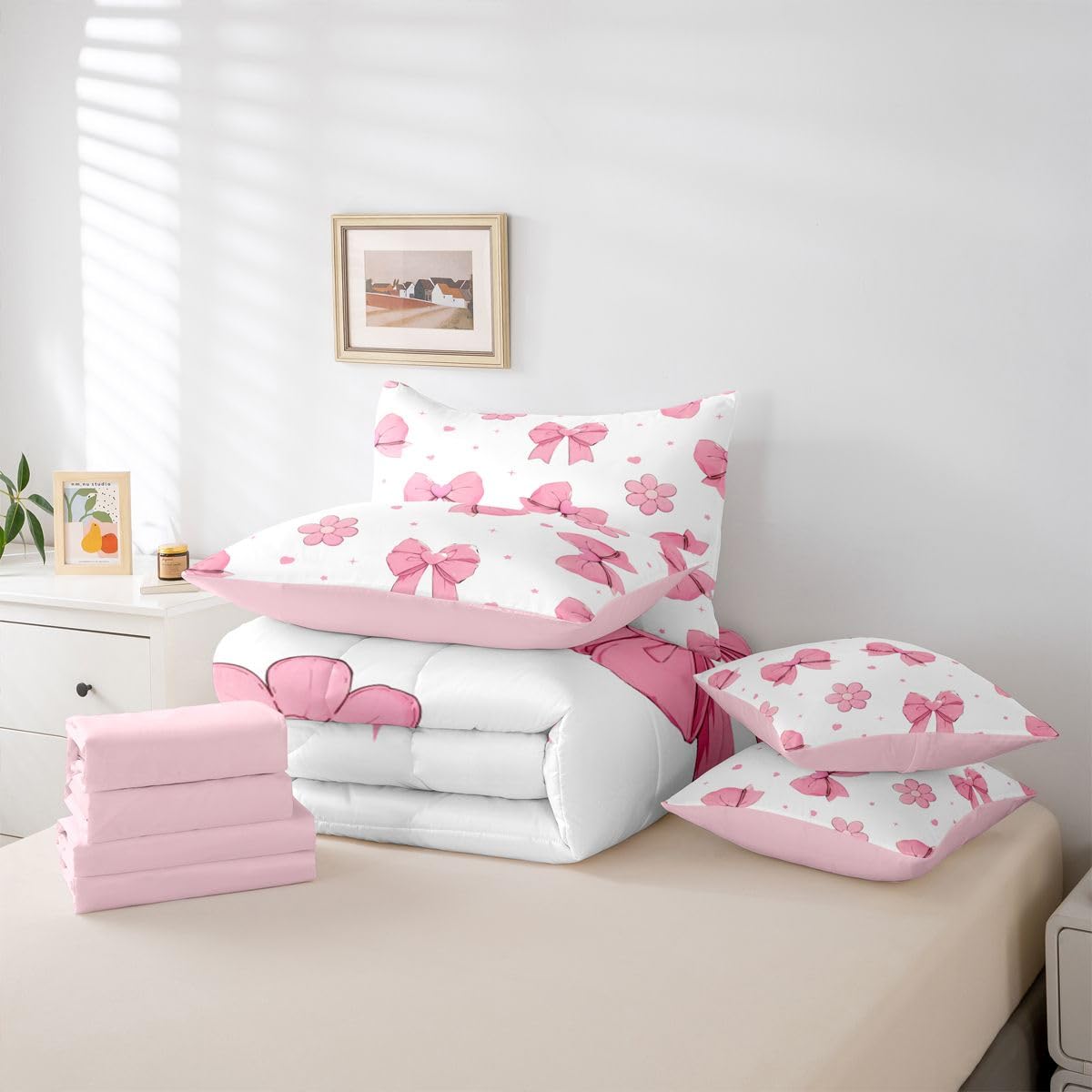 Erosebridal Pink Bows King 7 Piece Comforter Set for Girls Bedroom Bowknot Bedding Set Bed in A Bag Dreamy Coquette Bow Bed Set Girly Ribbon Heart Flowers Quilt Comforter with Sheets