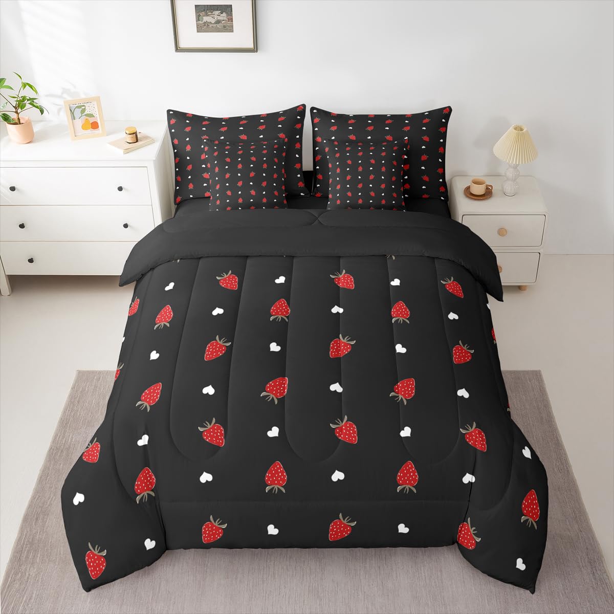 Erosebridal Kawaii Strawberry Full Size Comforter Set, Cute Fruits Theme Sweet 7-Piece Bed in A Bag, Red Black Sheets and Pillowcases, Heart Pattern Bedding Set Room Decor