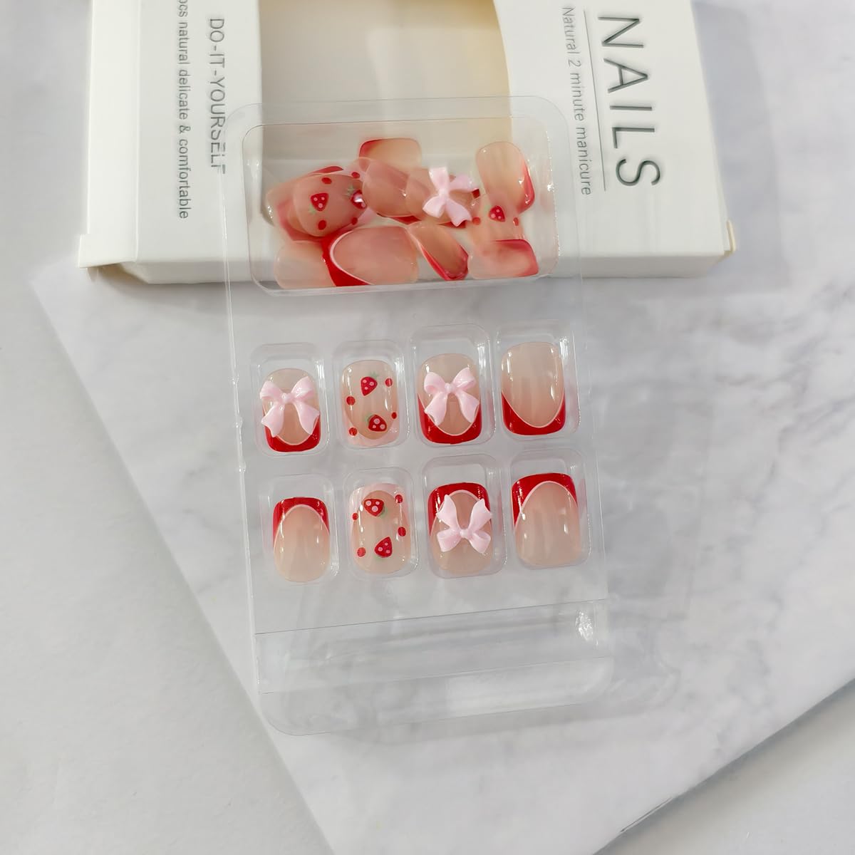 24Pcs Cute Press on Nails Extra Short Fake Nails with 3D Bow Designs Strawberry French Tip Glue on Nails Square Full Cover Acrylic Artificial Nails for Women Manicure Decorations
