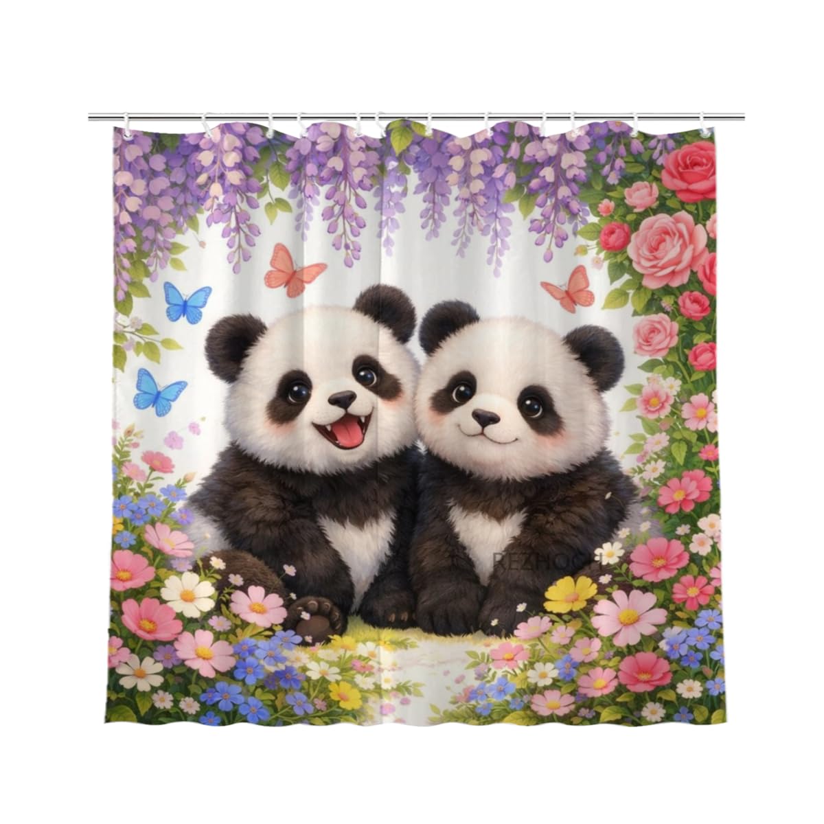 REZHOCH Fun Panda Shower Curtain 72x72Inch,Floral Home Bathroom Decor Spring Summer Garden Flowers Wisteria Rose Butterfly,Cute Animal Waterproof Fabric Bath Set with Hooks