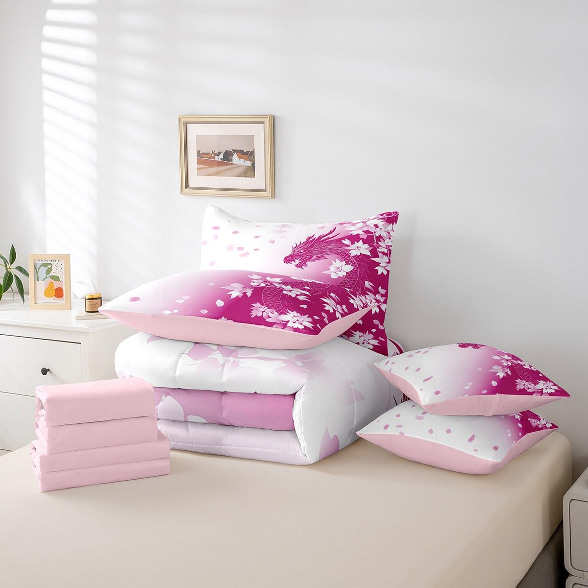 Erosebridal Pink Fantasy Dragon Bed in A Bag Pink White Gradient Princess Bedding Set for Kids Girls Teen Women,Magical Wildlife Animal King Comforter Set 7 Piece Dreamy Cherry Blossom Bed Set